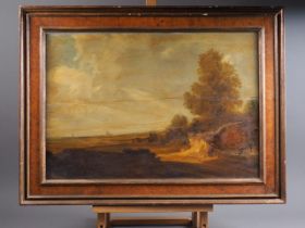 A 19th century oil on panel, extensive landscape, 14 1/2" x 21 1/2", in burr walnut frame, A