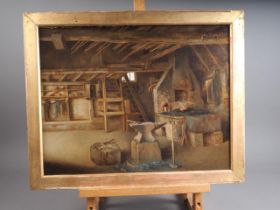 English late 19th century: oil on canvas, inside a smithy, 13 1/2" x 17 1/2", in gilt frame (cleaned