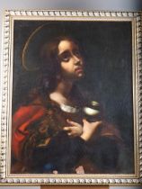 Follower of Leonardo: oil on canvas, St Barbera, 28" x 22", in gilt frame (cleaned and relined,