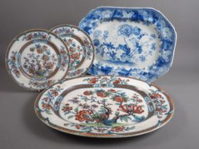 A 19th century blue and white "Poppy" pattern rectangular meat dish, 18 1/2" wide, an Indian Tree
