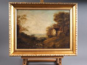 A 19th century oil on canvas, landscape with building and trees, 11 1/2" x 15", in gilt frame