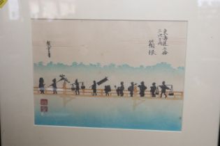 A Japanese woodblock print, figures on a bridge, and five other narrow woodblock prints