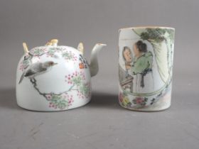 A Chinese porcelain teapot, decorated landscape and script, 4" high, and a similar cylindrical brush