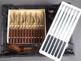 A set of Stelton Denmark stainless steel fondue forks, a similar set, and a collection of teak