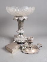 A 19th century silver plated table centre with cut glass bowl, on lion supports, 13" high, a