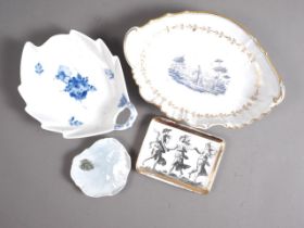 A Fornasetti pin tray, 5" wide, a Copenhagen frog and lily pad pin tray, a Copenhagen leaf dish
