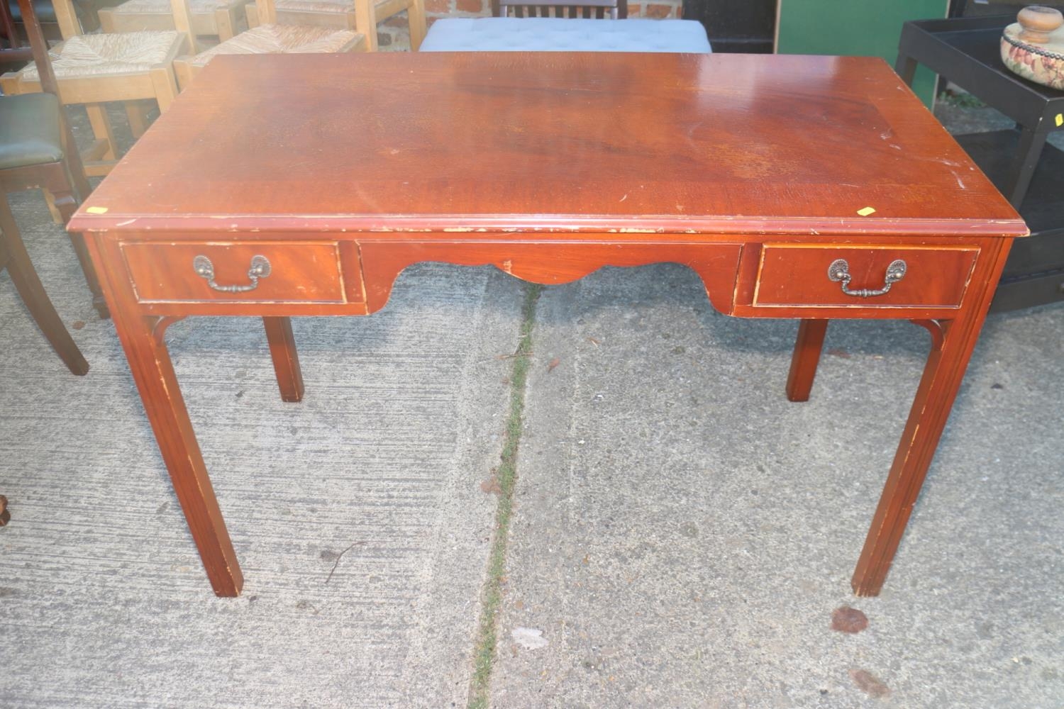 A mahogany and banded dressing table/desk, fitted two drawers, 47" wide x 23" deep x 31" high, and
