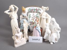 Two porcelain figures, women in period costume, three composition figures and other decorative china