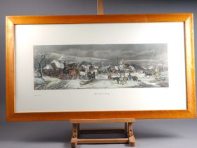 A coloured engraving "Winter", in maple frame, a view of Boulters Lock, in gilt frame, and another