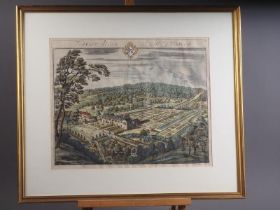 Jan Kip: a 17th century hand-coloured engraving, "Flaxley the seat of Mrs Bovey", in gilt frame