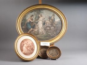 Three sepia stipple engravings, classical figures, in oval gilt frames, and six other similar