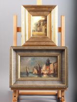 A 19th century Continental oil on mahogany panel, Mediterranean harbour scene with church tower,