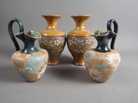 A pair of Doulton Slaters Patent vases, 9" high, and a pair of Doulton Slaters Patent trefoil