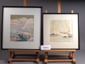 Tokuriki Tomikichiro: two Japanese woodblock prints, "Snowy Scene of the Nijo Castle", and "Spring