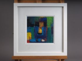 Geoffrey Williams Glover, acrylic, "Falling" abstract, in white strip frame, 6" square, an Indian