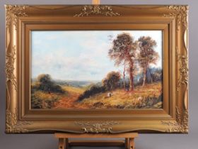 A pair of late 19th century oils on boards, extensive landscapes with figures, 11" x 19", in gilt