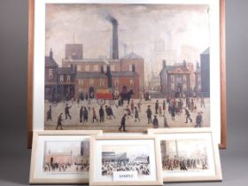 After L S Lowry: a colour print, "Coming home from the factory", in hardwood frame, five other Lowry