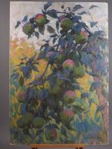A Russian oil on board, apple tree study, 31" x 21 1/2", and two other oils, floral studies
