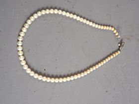 A single-strand cultured pearl necklace, clasp stamped Sterling, 14 1/4" long, 4.9mm dia