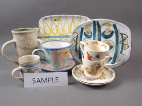Five Meissen "Onion" pattern sauce dishes, three studio pottery coffee mugs, other studio pottery