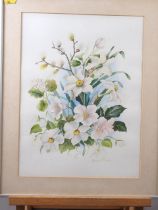 Mary Brown: two floral watercolours, in strip frames, and one other picture