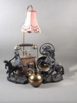 A pair of spelter Marley horses, 11 3/4" high, a coaching lamp, a telephone lamp and other items