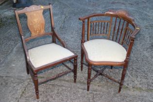 Two early 20th century Sheraton style inlaid occasional chairs and an Edwardian and satinwood banded