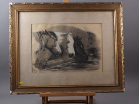 After Herring: a pencil and chalk study of three horses, signed Brown lower left, 16" x 11", in gilt