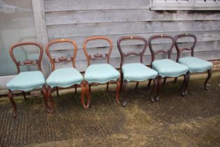 A Harlequin set of six early Victorian rosewood and mahogany balloon back dining chairs with