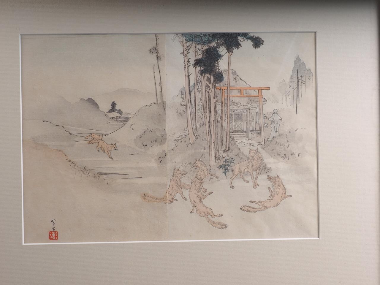 Toyohara Chkanobu: woodblock, samurai horse race in the river, in ebonised frame, and one other - Image 2 of 2
