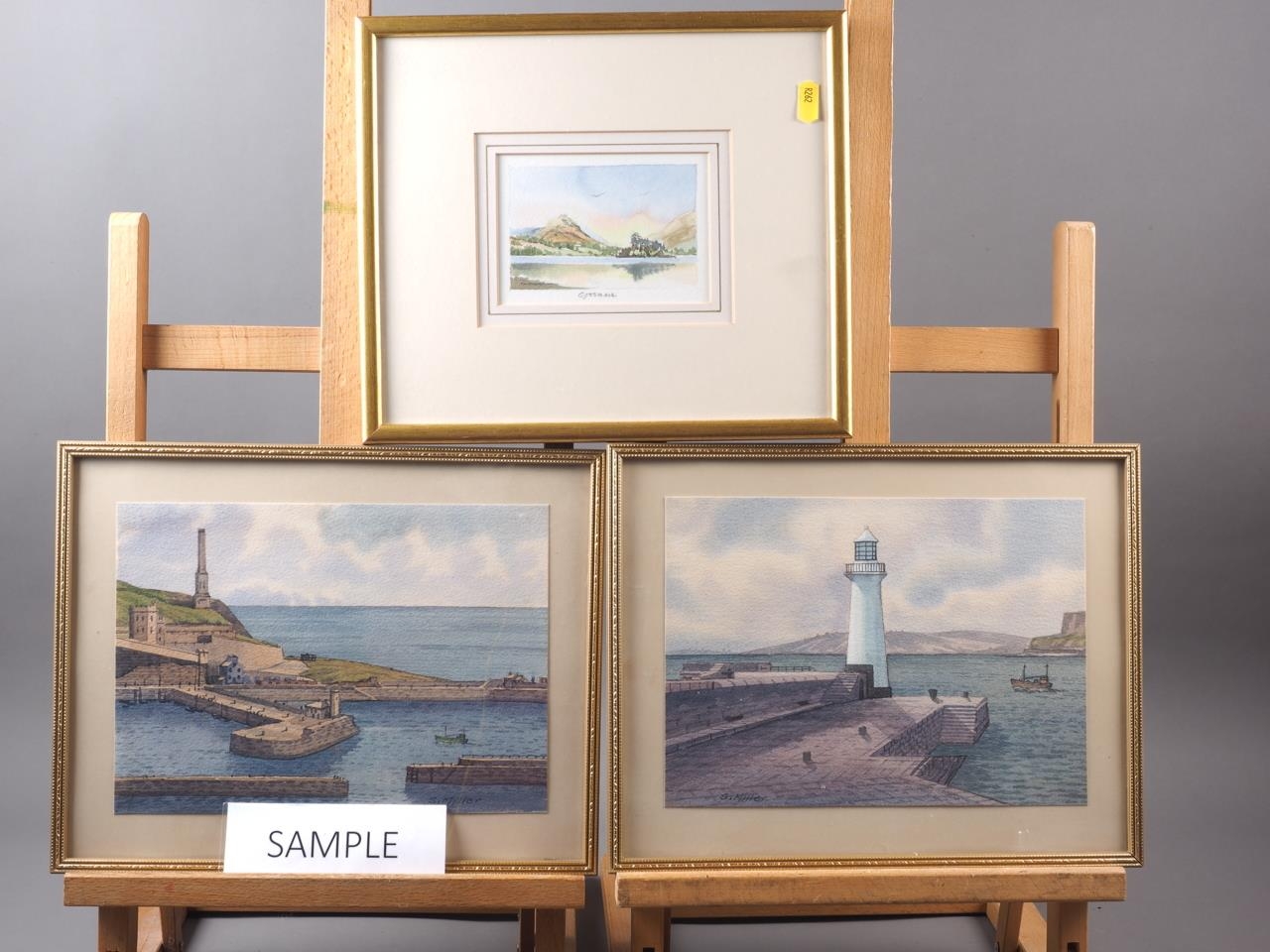 S Miller: three watercolour studies, Whitehaven harbour, largest 10 1/2" x 14 1/2", in gilt frame,