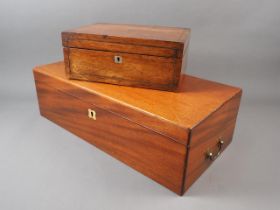 A rosewood and inlaid work box, lacking interior, and a mahogany writing slope with part fitted