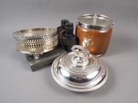 A silver plated muffin dish, a plated sugar bowl, a cruet stand base, a set of bone dominoes and a