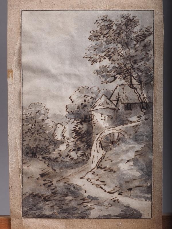 A 18th century sepia and wash sketch of a watermill, 8 3/4" x 5 5/8", unframed, and George Gregor