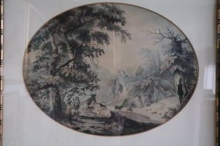 An 18th century watercolour, landscape with figures, cattle and waterfall, 15" x 20", in oval