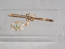 A yellow metal and seed pearl bar brooch and a yellow metal, seed pearl and turquoise swallow