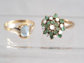 A 9ct gold, emerald and opal cluster ring, size P, 4.1g, and an 18ct gold and blue stone single