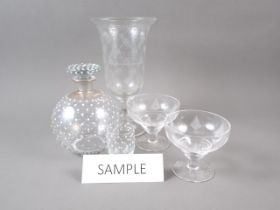 A clear glass decanter with enamelled polka dot decoration, a matching cup, a celery vase, 9 3/4"