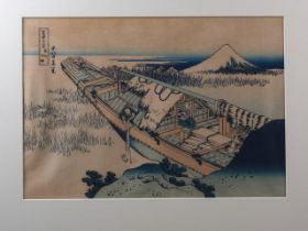 Katsushika Hokusai: a Japanese woodblock print, "Joshu Ushibori", in ebonised strip frame