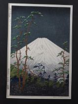Okada Koichi: four Japanese woodblock prints, "Mount Fuji from the road of Hakone", "Mount Fuji from