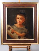 English School: oil on canvas, portrait of a young girl with carte de visite, 17 1/2" x 14 1/4",