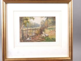 Frederick Hines: watercolour, landscape with sheep, 7" x 8 1/2", in wash line mount and gilt frame