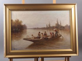 J H Boel, 1900: an oil on canvas, "Ferry boat on a River", 15 1/2" x 23 1/2", in gilt frame