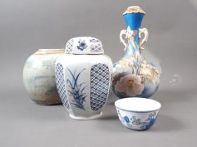 A Satsuma gourd vase, with iris decoration, 11" high, a Chinese provincial ginger jar, a Japanese