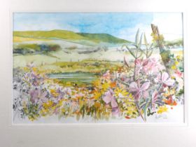 A watercolour study, landscape with floral foreground, indistinctly signed, 12 1/2" x 19 1/4", in