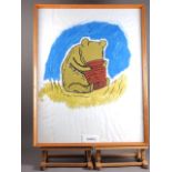 A bodycolours study of Winnie-the-Pooh investigating a honey pot, a colour print canal scene,