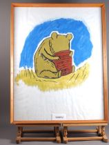 A bodycolours study of Winnie-the-Pooh investigating a honey pot, a colour print canal scene,