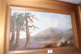 English School: oil on canvas, landscape with trees and distant hills, 11 1/2" x 21 1/2", in deep