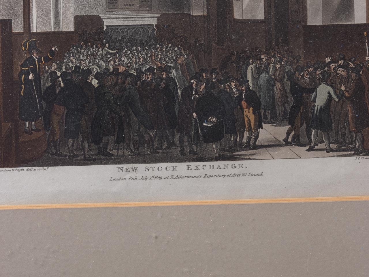 Rowlandson & Pugin: an early 19th century aquatint, "New Stock Exchange", in oak strip frame - Image 2 of 2