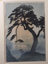 Kashmatso Shiro: a Japanese woodblock print, "Kinokunisaka in the Rainy Season", in ebonised strip
